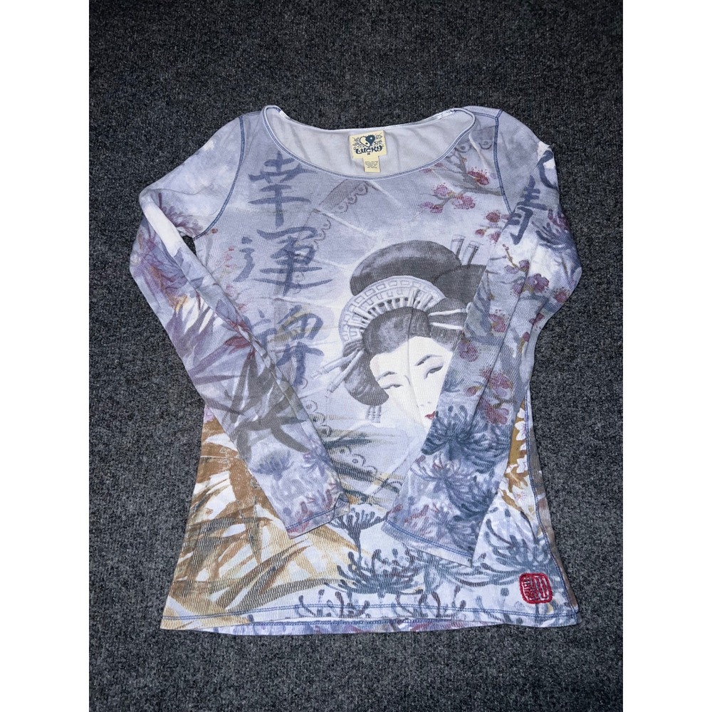 Lucky Brand Geisha Graphic Thermal Long Sleeve Top Blue Size Medium
